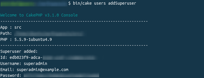 output for the shell command to generate new superuser